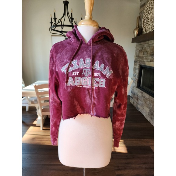 Texas A&M Aggies Custom Cropped Hoodie Russell Athletic Maroon Bleach Large - Picture 1 of 9